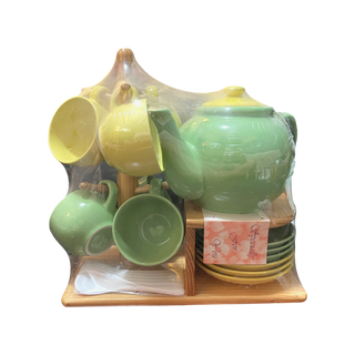 Green and Yellow Ceramic Tea Set with Wooden Stand