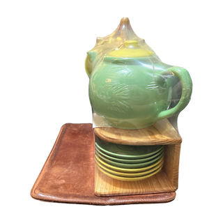 Green and Yellow Ceramic Tea Set with Wooden Stand